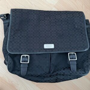 Coach Black Signature Canvas Messenger Bag with Buckle Accents